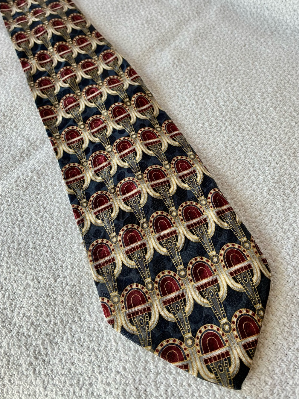 Pavia Made in Italy 100% Silk Tie With Gold and Burgundy Art Deco Pattern